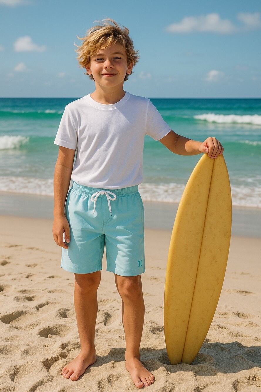 Hurley Board Shorts Boys Size Medium 10-12  Light Blue Elastic Waist 8” Inseam